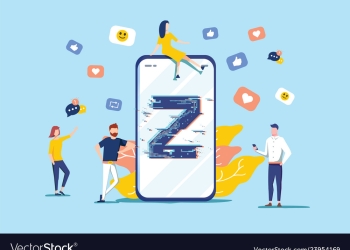 Generation Z vector illustration. Flat virtual tiny persons messaging concept. New and modern demography trend with progressive youth gen. Technology influence on teenagers. Online friends lifestyle.