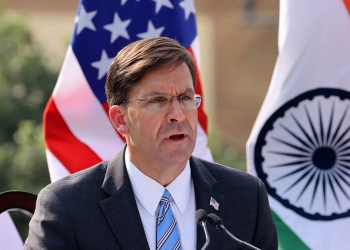 Mark Esper, U.S. secretary of defense, speaks during a news conference at Hyderabad House in New Delhi, India, on Monday, Oct. 26 2020. U.S. Secretary of State Michael Pompeo is in India with Esper for a 2+2 ministerial meeting with Jaishankar and Singh, where they will discuss cooperation on pandemic response and challenges in the Indo-Pacific. Photographer: T. Narayan/Bloomberg via Getty Images