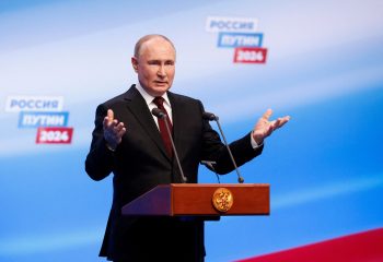 Russian incumbent President Putin speaks at his election campaign headquarters in Moscow
